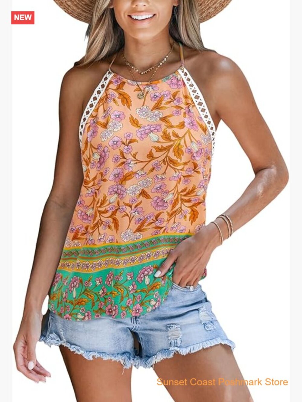 Women's Sleeveless Tank Top High Neck Boho Floral Summer Beach Vacation Top